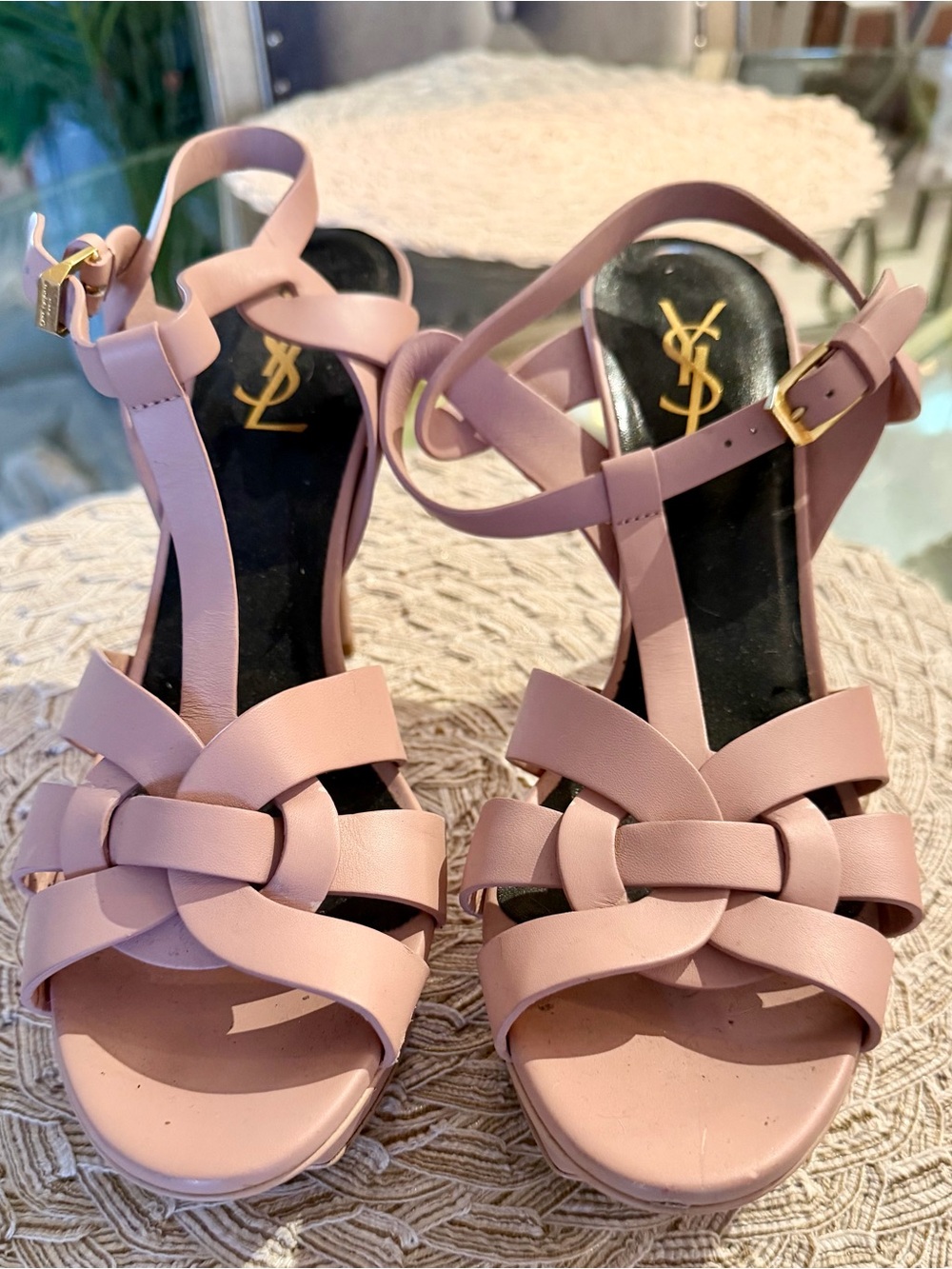 Yves Saint Laurent Blush Pink Knotted Leather Slingback Heels